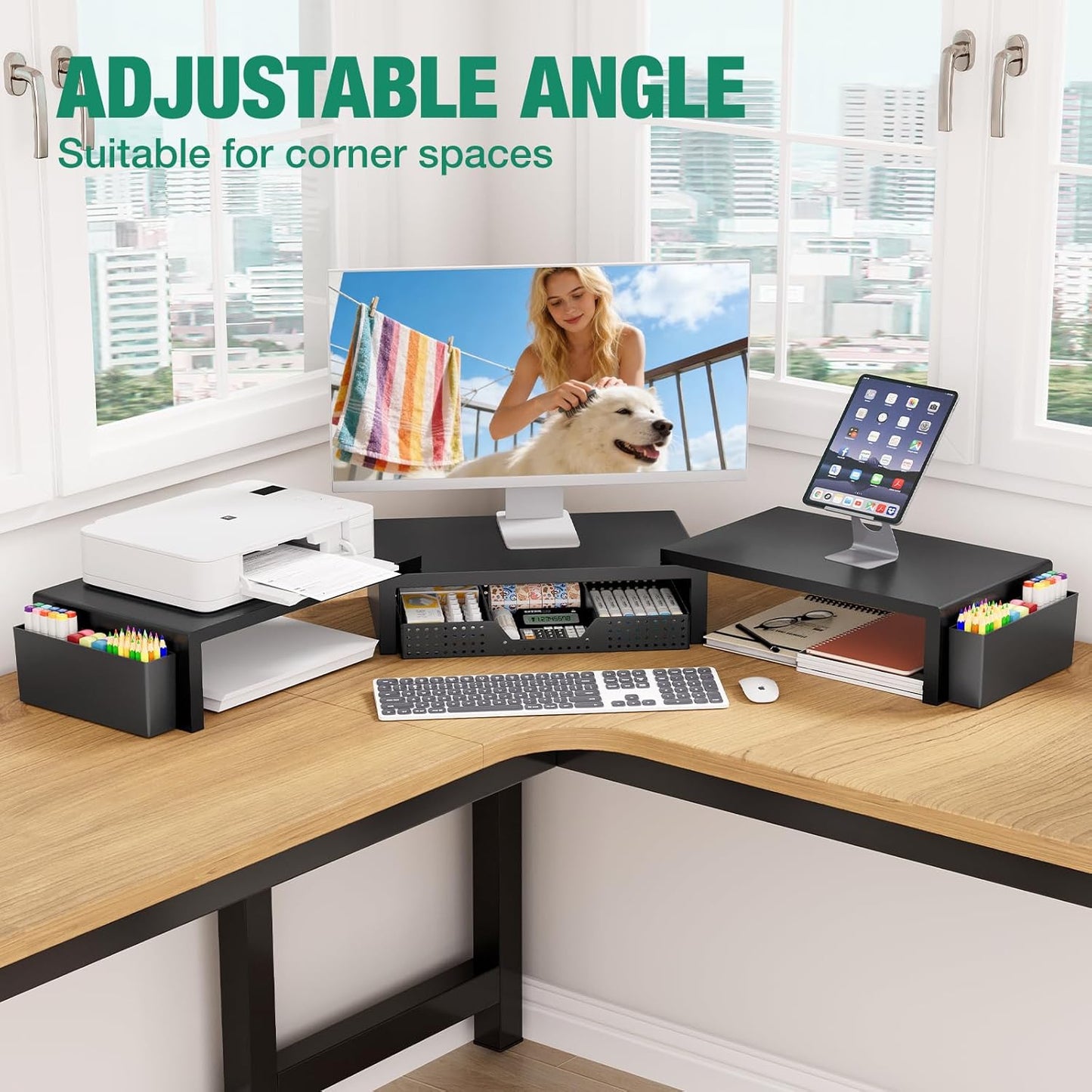 OPNICE Wood Desk Organizers and Accessories, 2-Tier Computer Monitor Stand Riser with Drawer and 2 Pen Holders, Laptop Stand, Office Desk Accessories for Office Supplies, Brown