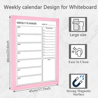 Dry Erase White Board Weekly Calendar Board, Magnetic Whiteboard for Wall,13“x17 Solid Wood Rustic Brown Framed Message Board, Planner Board for Office, Home, School(Weekly-BB-RB-3343)