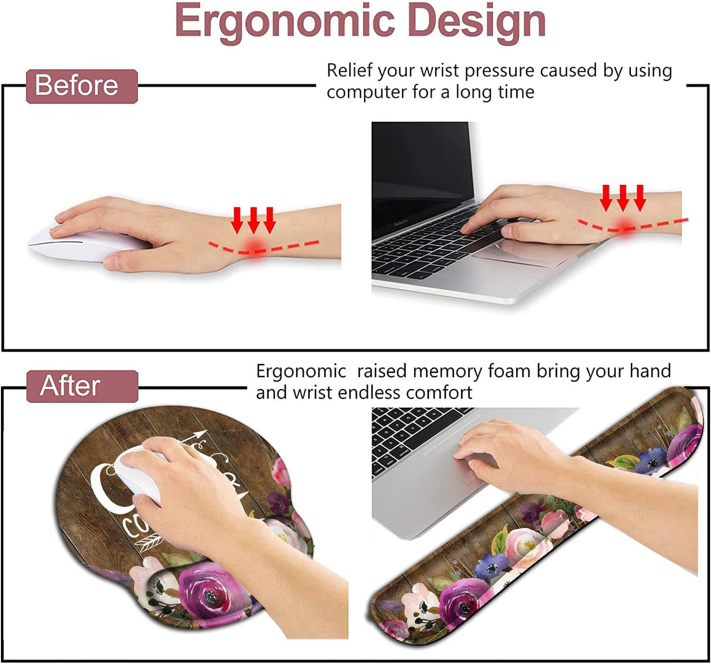 Mouse Pad with Wrist Support, Ergonomic Gel Mouse Pad Beautiful Flowers,Pink Hyacinths on Wood Panel，Non-Slip Durable, Memory Foam Keyboard Wrist Rest, Suitable for Office Typing Games