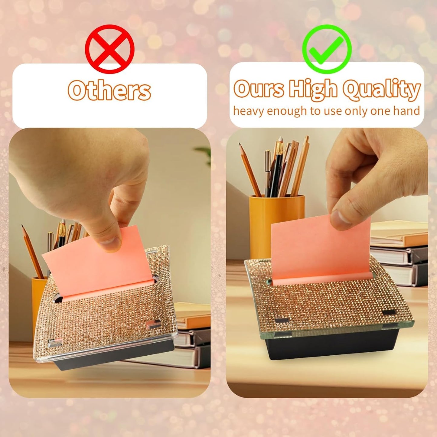 Rhinestone Self Sticky Note Holder Post it Note Dispenser Pop-Up Sticky Notes Dispenser 4 x 4 inch Post it Dispenser for Office Desk Accessories(Pink)