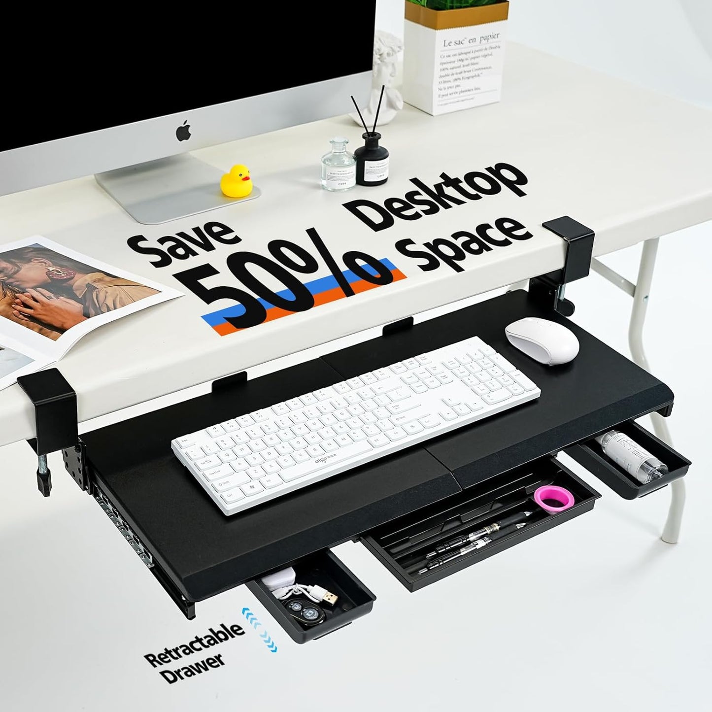 Large Height Adjustable Keyboard Tray with Sturdy C-Clamp Mount and Storage Drawer, 27"(31"Including Clamps) x 12" Slide Out Ergonomic Keyboard Trays for Home and Office, Black