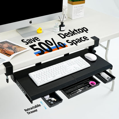 Large Height Adjustable Keyboard Tray with Sturdy C-Clamp Mount and Storage Drawer, 27"(31"Including Clamps) x 12" Slide Out Ergonomic Keyboard Trays for Home and Office, Black