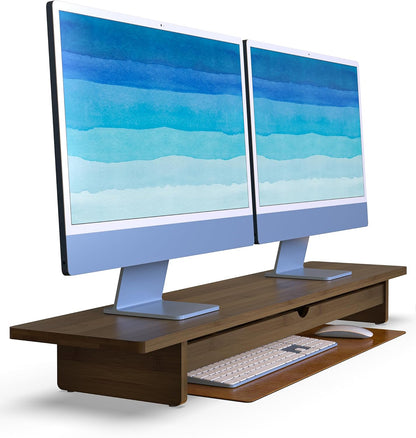 Bamboo Monitor Stand with Large Storage Drawer,23 Inch Ergonomic Computer Riser for Desk, Holds Up to 220lbs, Screen Shelf with 5 Compartments for Keyboard & Stationery Organization
