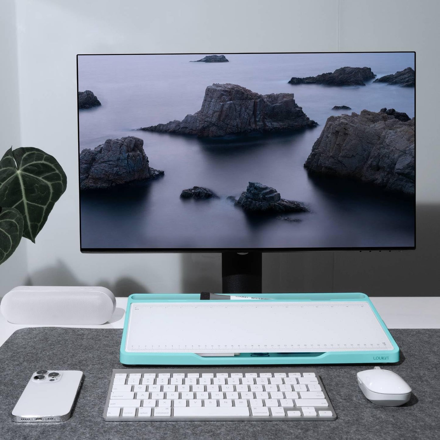 LOUKIN Glass Desktop Whiteboard, 15.3" x 5.6" Dry Erase Desk Board with Dotted and Graduated Surface, Desktop Buddy, Great for Design and Drawing, 3 Markers and 1 Dry Erase Eraser Included (Purple)