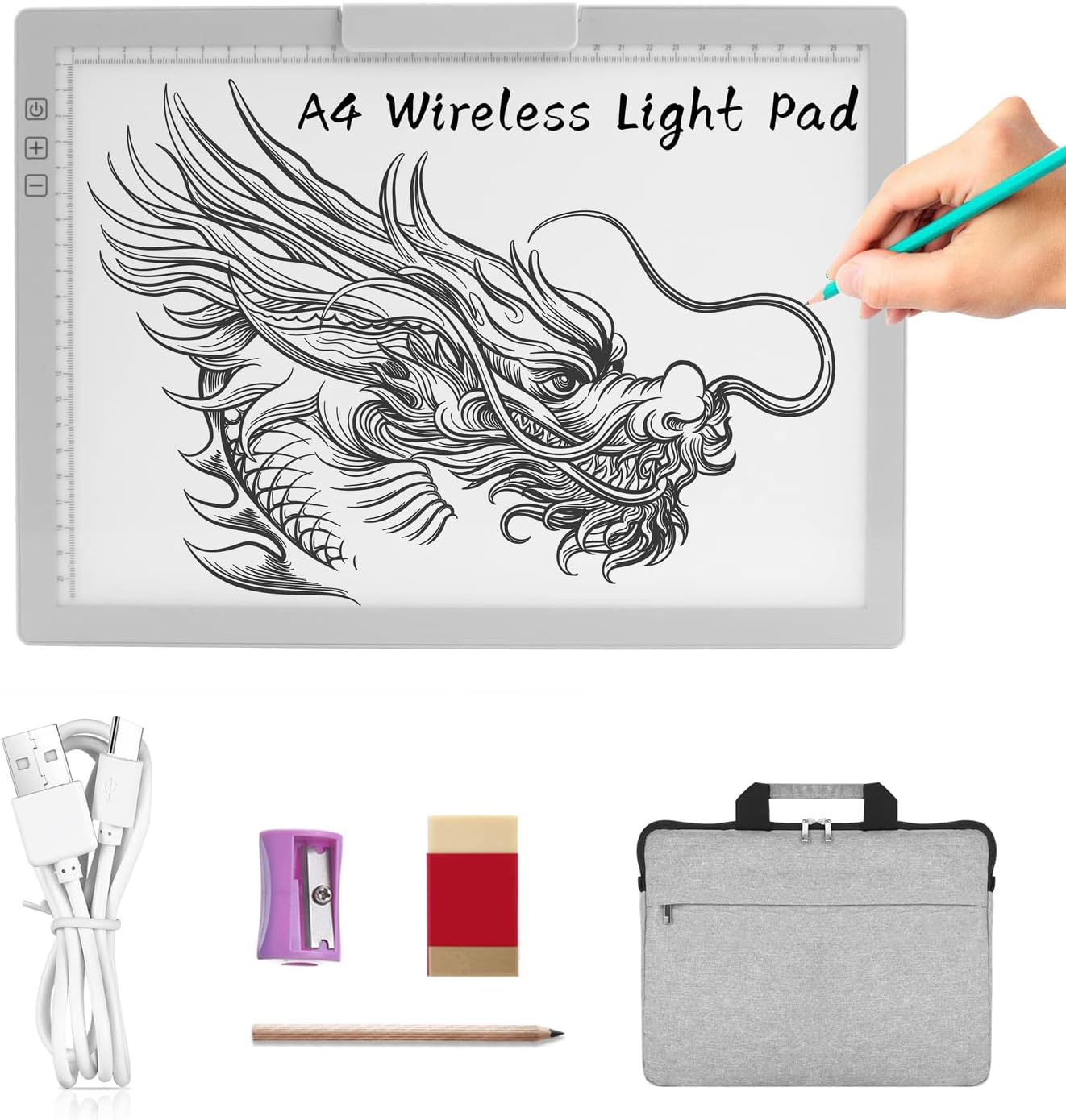 A4 Wireless LED Light Pad with Carry Bag, Innovative Stand and Top Clip, TOHETO Rechargeable Light Box Stepless Dimmable and 6 Levels Brightness Cordless Light Board for Tracing Weeding Vinyl (Black)