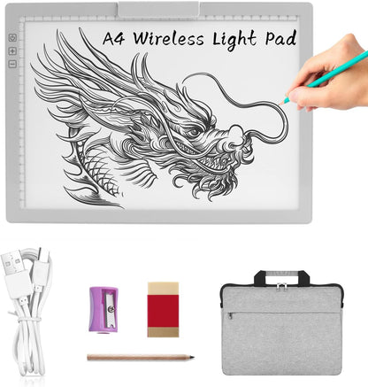 A4 Wireless LED Light Pad with Carry Bag, Innovative Stand and Top Clip, TOHETO Rechargeable Light Box Stepless Dimmable and 6 Levels Brightness Cordless Light Board for Tracing Weeding Vinyl (Black)