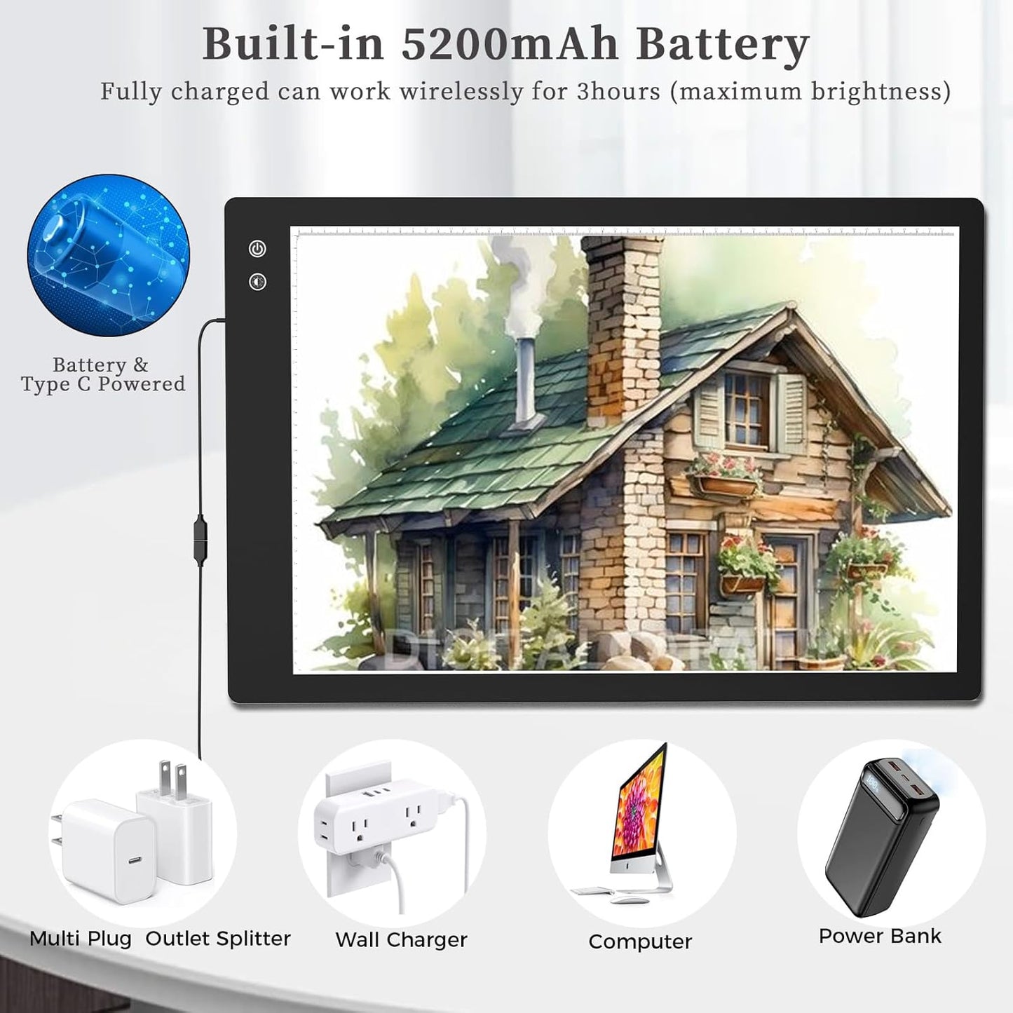 PICOVISTA Rechargeable A3 Diamond Art Light Board,Super Bright Tracing Light Box,6 Levels Brightness with 3 Colors Mode, Wireless LED Pad for Diamond Painting,Weeding Vinyl,Sketching & Drawing