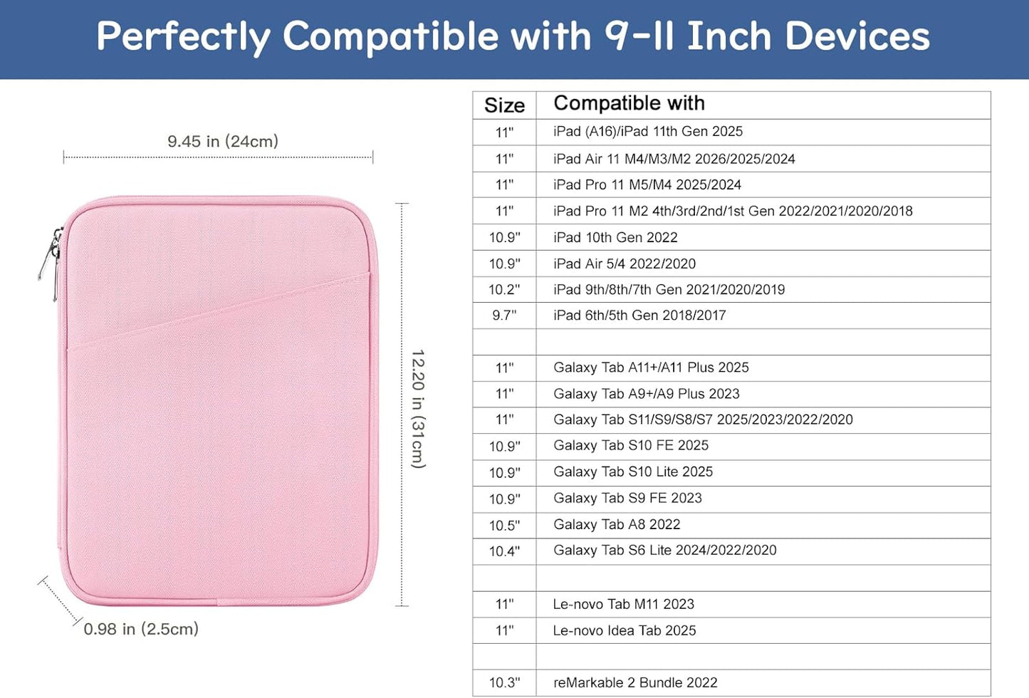 Dadanism 9-11" Tablet Sleeve Bag Carrying Case for iPad (A16) 11th Gen 11", iPad 10th Gen 10.9" Air 5/4, iPad Air M4/Pro 11", iPad 9/8/7th, Galaxy Tab A11+ Plus 11", Remarkable 2 10.3", Black