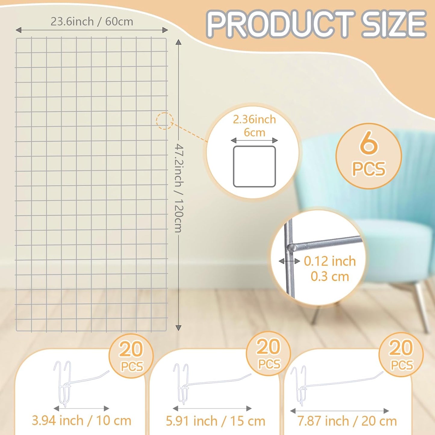 Hicarer 6 Pcs Commercial Grade Gridwall Panels for Display, Heavy Duty Wire Grid wall Display Rack Metal wall Mount Grid with 60 White Hooks for Retail Display Home Storage Vendor Events(2 x 4 ft)