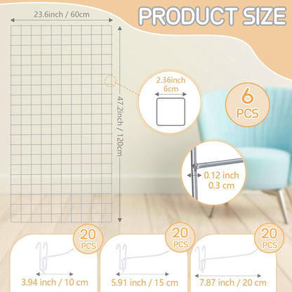 Hicarer 6 Pcs Commercial Grade Gridwall Panels for Display, Heavy Duty Wire Grid wall Display Rack Metal wall Mount Grid with 60 White Hooks for Retail Display Home Storage Vendor Events(2 x 4 ft)