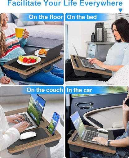 HETTHI Laptop Lap Desk, Portable Large Laptop Desk for Bed, Up to 17 Inch Lap Pad Tray with Wrist Rest, Mouse Pad, Tablet Phone Slot, Portable Handle, Cushion (Black)