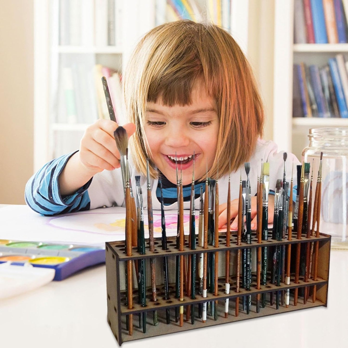 Shakven 67 Holes Wooden Paint Brush Holder Stand | Artist Paint Brush Holder for Dryer, Desk Stand Organizer