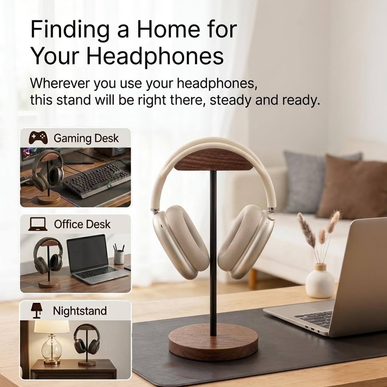 Headphone Holder Stand for Desk, Wood and Metal Headset Hanger Mount Hook Gaming Holder Desktop Earphone Artful Functional Craftsmanship Stand for All Headsets with Solid Wooden Base