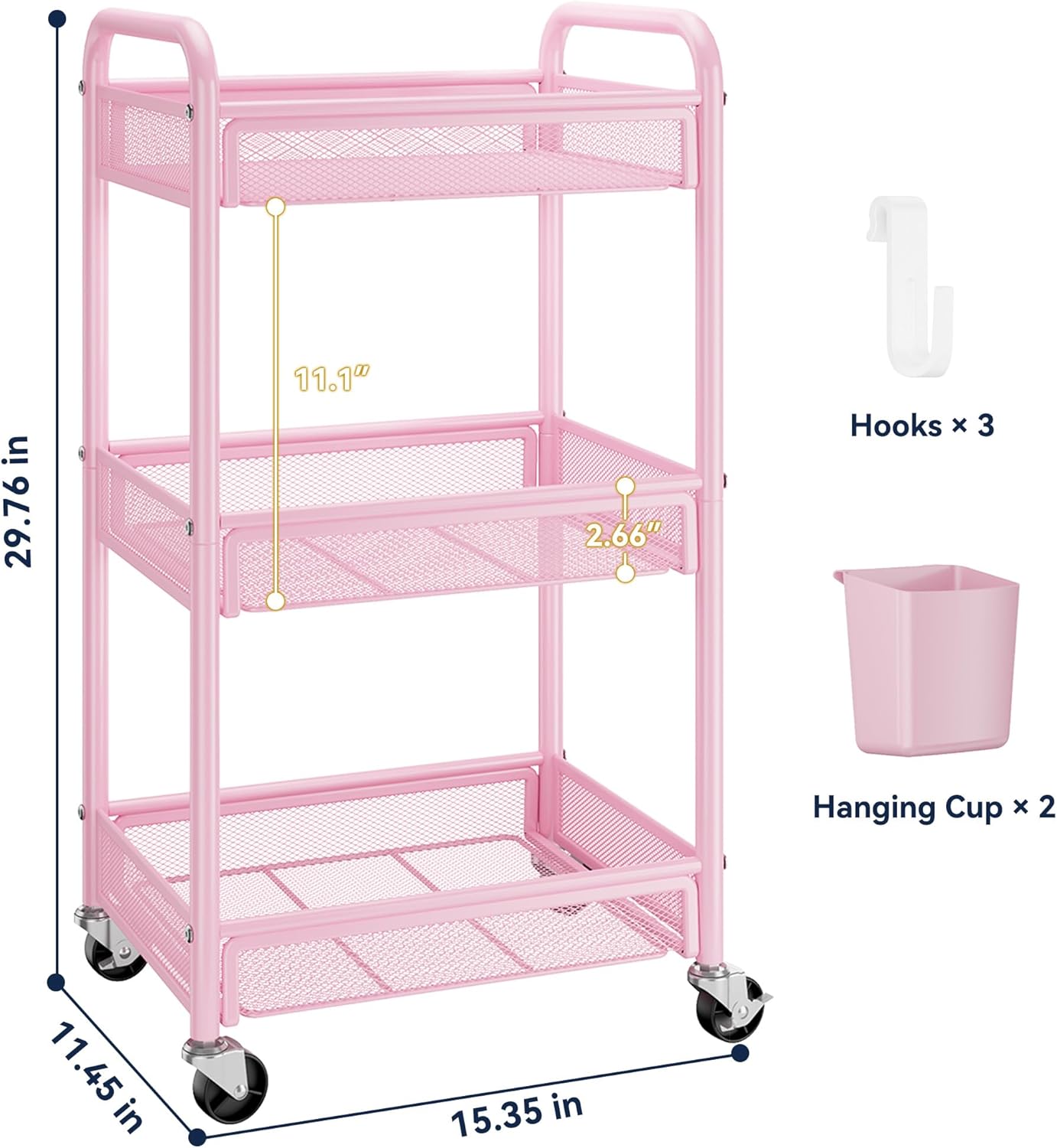 YASONIC 3 Tier Rolling Cart – Metal Utility Storage Carts with Wheels, Craft Carts Organizer with Hanging Cups, Hooks, Mesh Basket for Bedside Kitchen Office Art, Green
