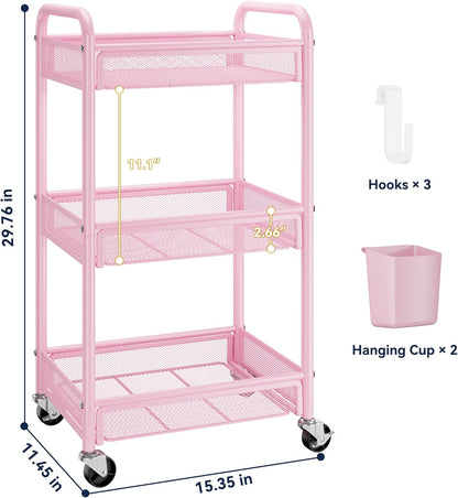 YASONIC 3 Tier Rolling Cart – Metal Utility Storage Carts with Wheels, Craft Carts Organizer with Hanging Cups, Hooks, Mesh Basket for Bedside Kitchen Office Art, Green