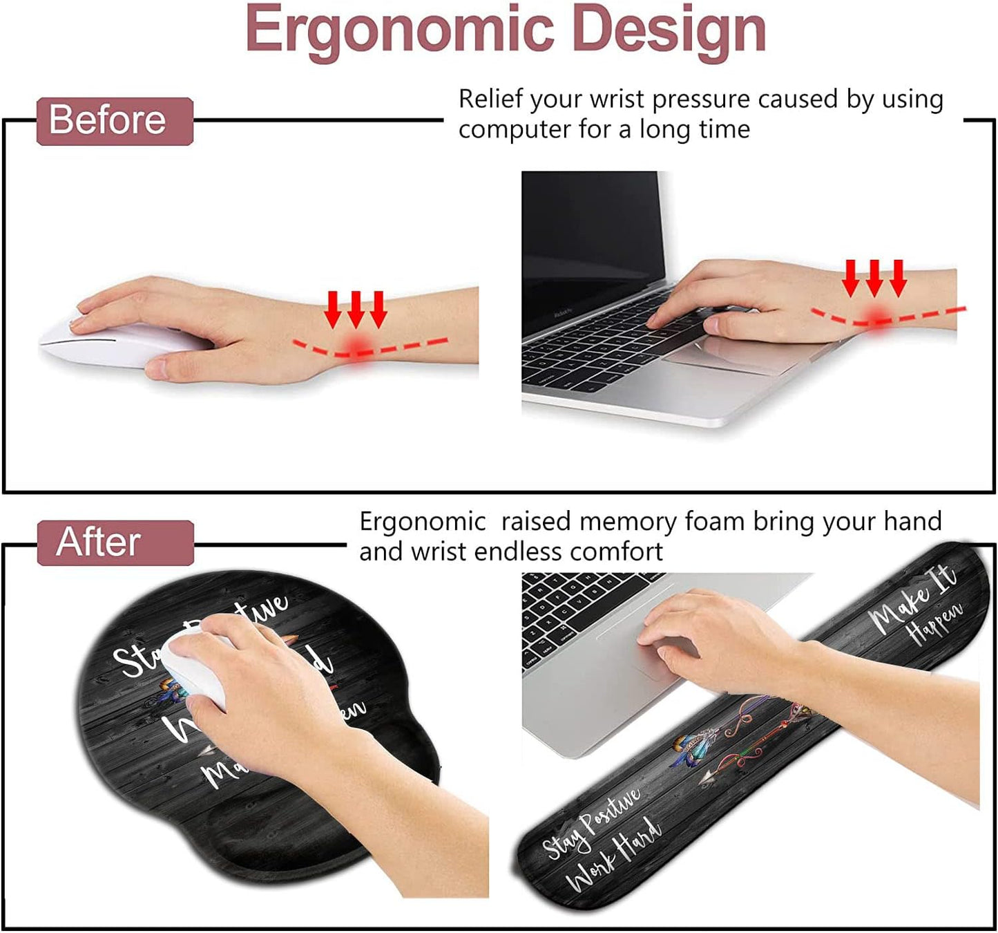 Mouse Pad with Wrist Support, Ergonomic Gel Mouse Pad Beautiful Flowers,Pink Hyacinths on Wood Panel，Non-Slip Durable, Memory Foam Keyboard Wrist Rest, Suitable for Office Typing Games