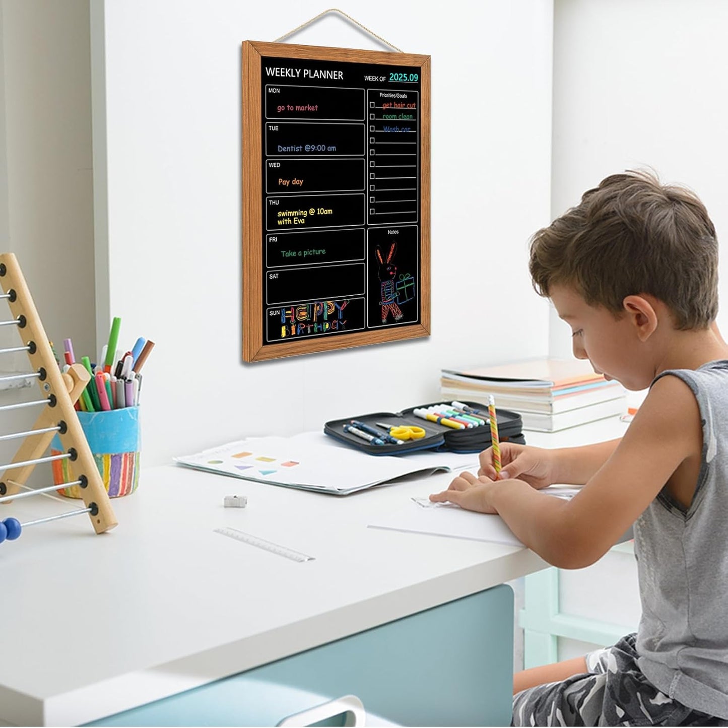 Calendar Weekly Chalkboard, 10.6" * 14.6", Magnetic Surface Rustic Brown Solid Pine Wood Frame Black Board for Office, School and Home(ZLHB-QZ-2737)