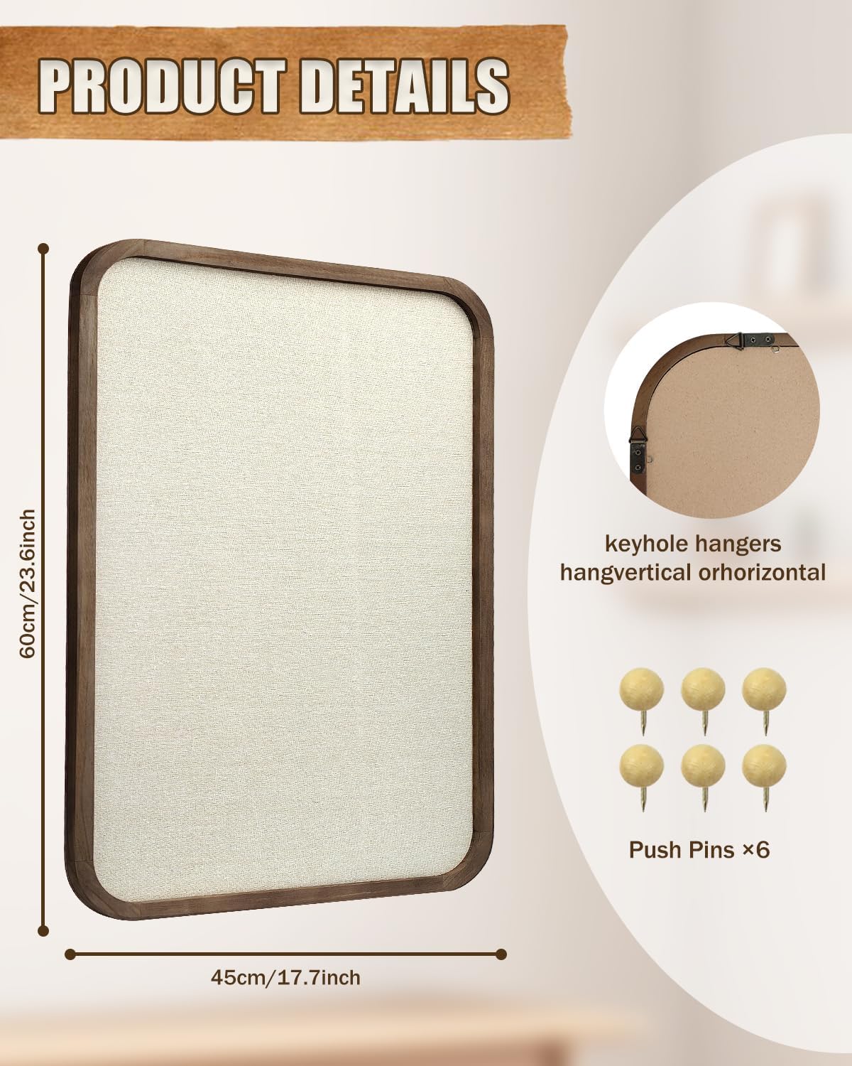 Linen Bulletin Board, Pin Board for Walls, Fabric Bulletin Board, 13"x17"Small Pin Board for Home Kitchen Office Decorative, Brown Wood Frame Cork Board(BN-3343)