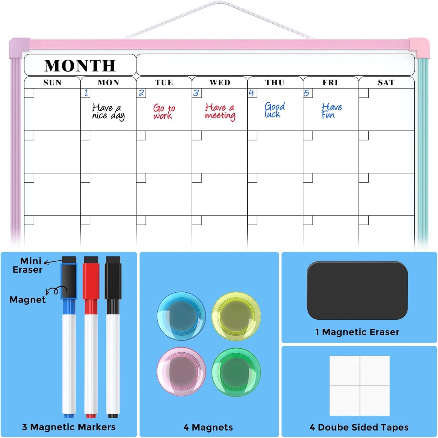 MaxGear Monthly Calendar Dry Erase Board for Wall, 16"x12" Small Hanging Double-Sided White Board, Portable Whiteboard for Planning, Drawing, Memo, to Do List, School, Home, Kitchen, Office