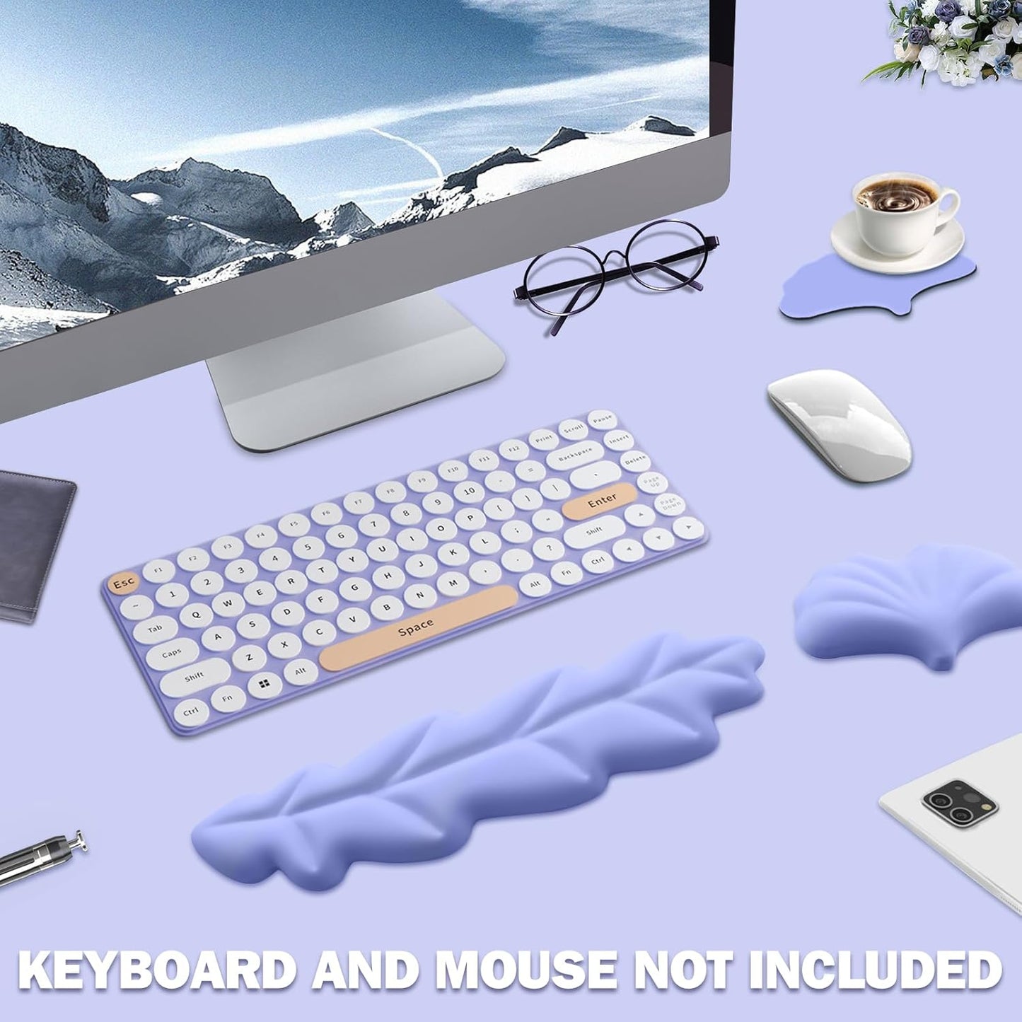 Keyboard Wrist Rest Pad Set, Leaf Shape PU Leather Memory Foam Wrist Cushion Support,Mouse Wrist Rest Pad,Non-Slip Wrist Support for Easy Typing Pain Relief, Green Leaf