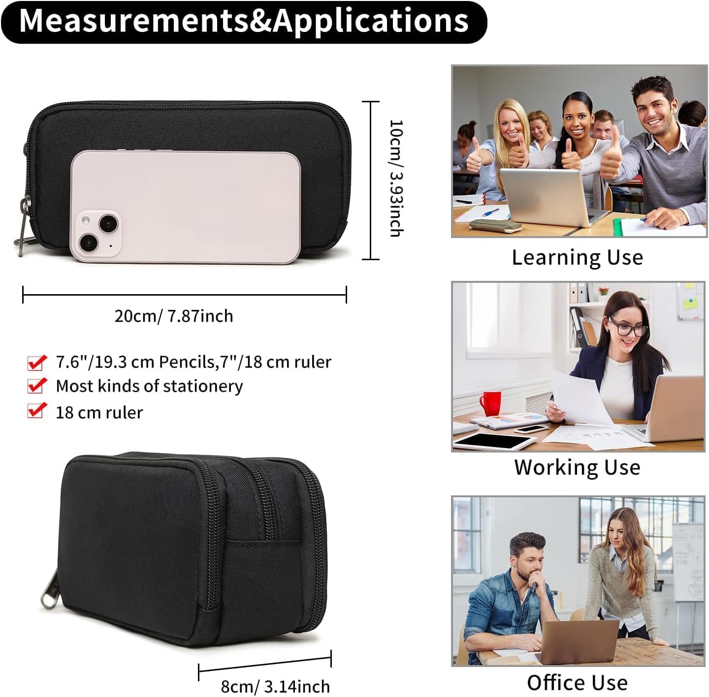 Della Gao Large Pencil Case, Big Capacity Pencil Pouch with 2 Compartments, Office Pencil Bag with Zipper, Big Pen Case for Adults (01-Black)