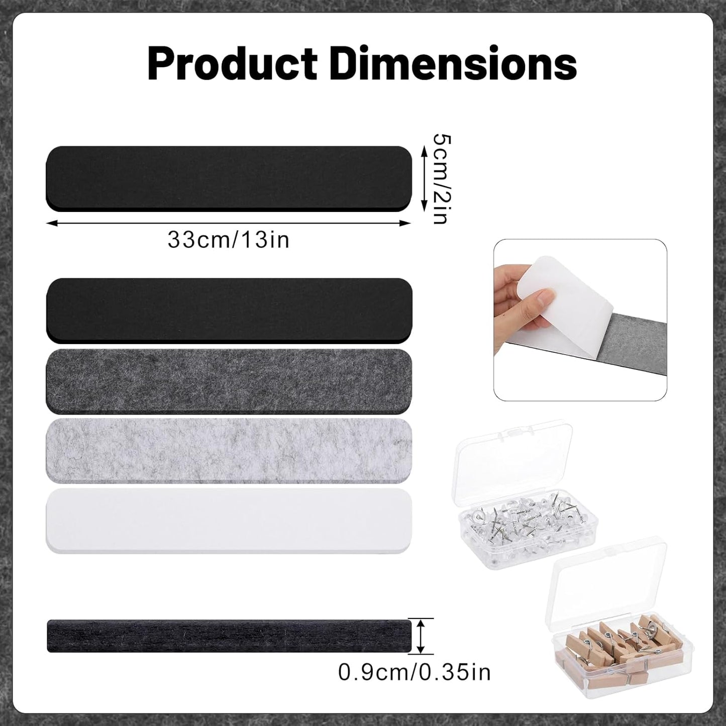 Thboxes 5 Pack Felt Bulletin Board Strips, 13x2 Inch Self Adhesive Felt Pin Boards with 30 Pushpins, Cork Board for Walls Home Office Decor(Black)