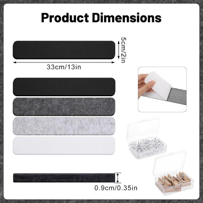 Thboxes 5 Pack Felt Bulletin Board Strips, 13x2 Inch Self Adhesive Felt Pin Boards with 30 Pushpins, Cork Board for Walls Home Office Decor(Black)