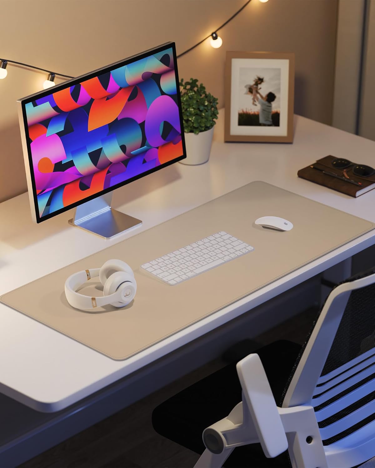 AFIING Desk Pad Protector 23.6" x 13.7" - Non-Slip Waterproof PU Leather Desk Mat for Mouse, Keyboard, Laptop, Office and Home Workspace (Beige)