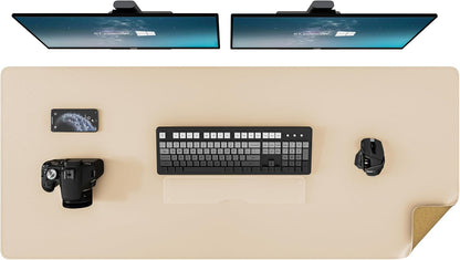 DAWNTREES Dual Sided Desk Mat,Leather Desk Pad,Brown 40"x16",Cork Desk Mat Protector,with PU Leather Valet Tray Organizer,Large Mouse Pad,Desk Writing Pad for Office and Home