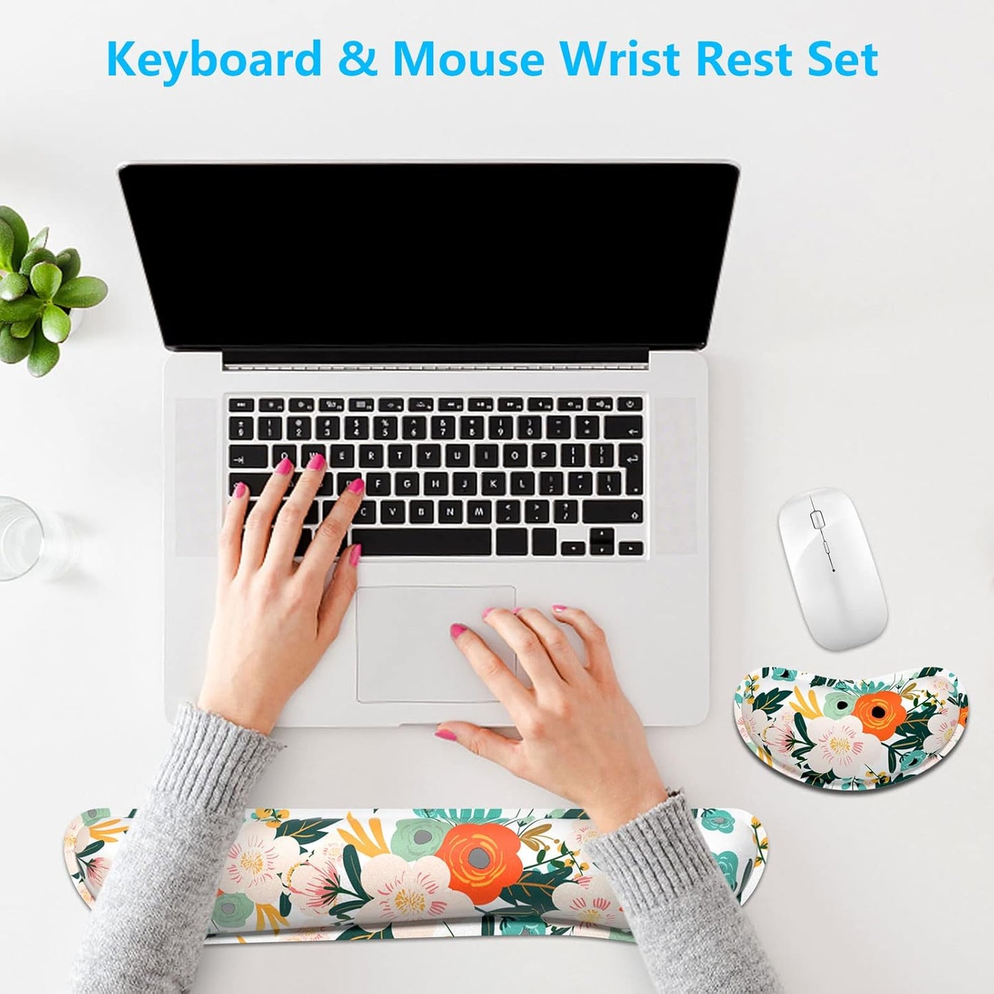 Dapesuom Enlarge Keyboard Wrist Rest, Memory Foam Wrist Cushion for Desk Mat Support, Cute Pain Relief Keyboard Mouse Pad Rests Set with Non-Slip Base for Gaming Laptop Office Computer, Elegant Flower