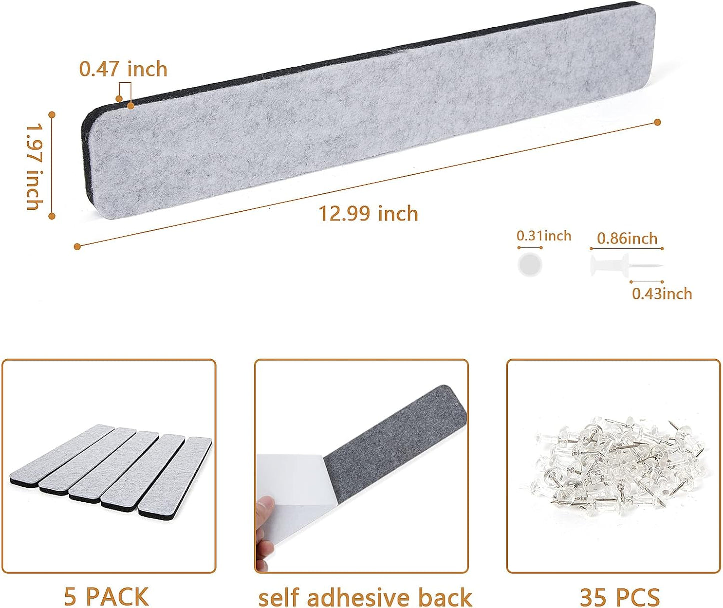 Felt Pin Board Bar Strips Bulletin Board for Bedrooms Offices Home Wall Decoration, Notice Board Self Adhesive Cork Board with 35 Push Pins for Paste Notes, Photos, Schedules