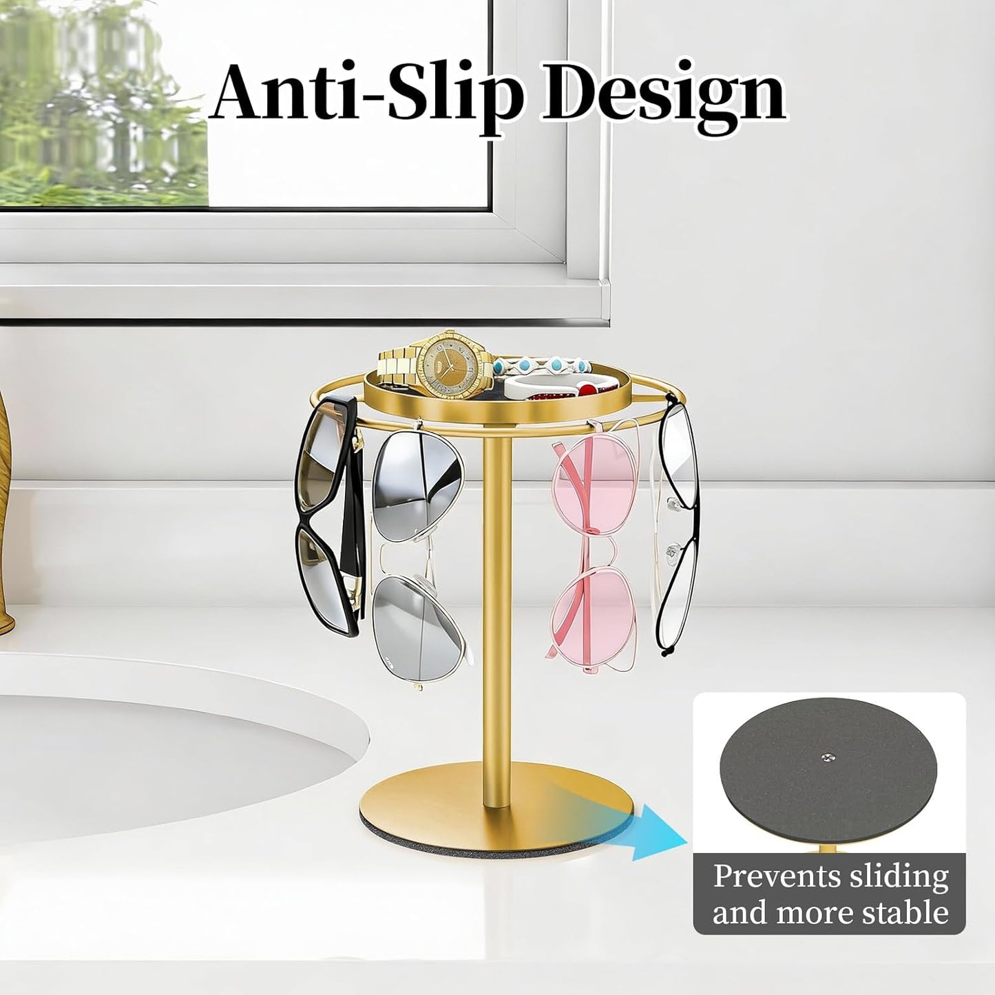LSK Metal Sunglasses Organizer, Glasses Holder Stand with Storage Tray, Eyeglasses Holder with Anti-Slip Pads for Tabletop, Desk, Dresser, Matte Black