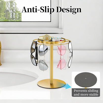 LSK Metal Sunglasses Organizer, Glasses Holder Stand with Storage Tray, Eyeglasses Holder with Anti-Slip Pads for Tabletop, Desk, Dresser, Matte Black
