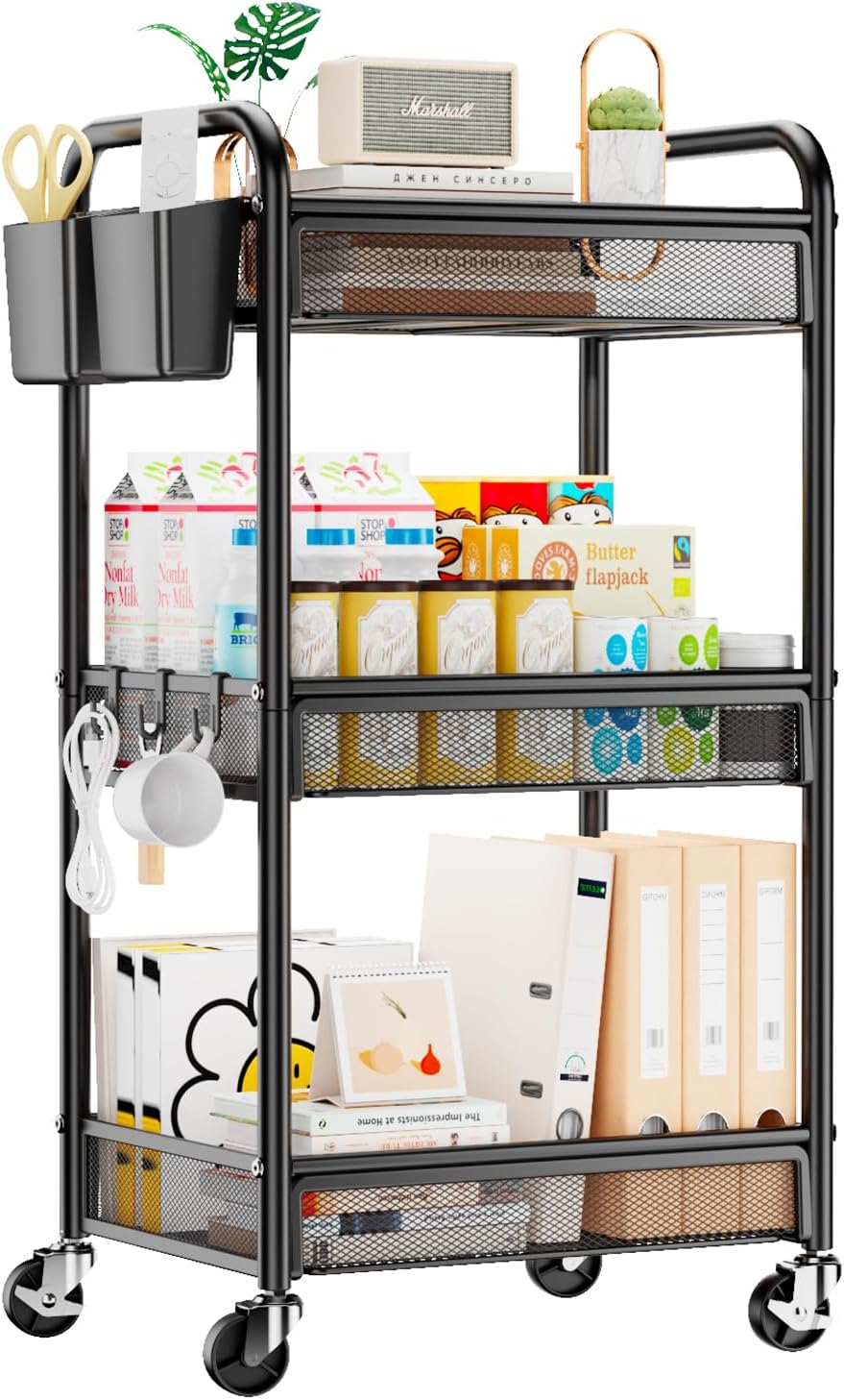YASONIC 3 Tier Rolling Cart – Metal Utility Storage Carts with Wheels, Craft Carts Organizer with Hanging Cups, Hooks, Mesh Basket for Bedside Kitchen Office Art, Green