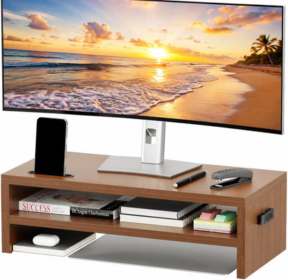 BONTEC Wooden Monitor Stand Riser for Desk, 2-Tier Computer Monitor Stand with Storage, 66 lbs Desk Shelf Organizer, Laptop & Printer Stand with Phone Holder and Cable Management, White, 16.5 Inch