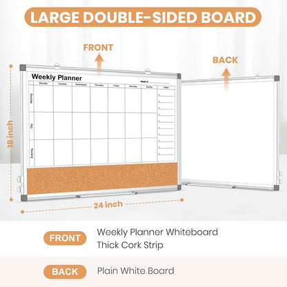 Weekly Dry Erase Calendar Whiteboard for Wall, 24" x 18" Double-Sided Weekly Planner White Board Cork Combo, Hanging & Wall Mount Week Bulletin Board with Notes for Home, Office, School, Kitchen