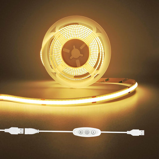 USB Light Strip Warm White 3000K CRI 92+ Small Dimmable COB LED Strip Light Cuttable 5V USB Powered 6 ft 10W for TV Backlight Cabinet Bedroom Indoor DIY Lighting Project