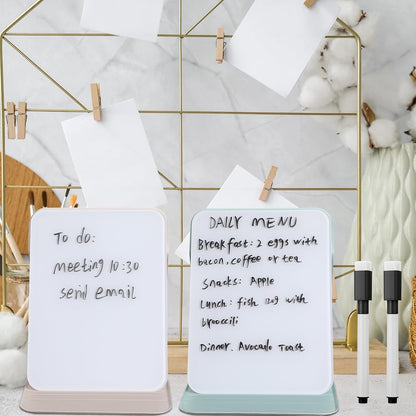 Dunzoom 2 Sets 4 Pcs Small Glass Desktop Whiteboard with Reversable Stand 8x6 Inch Mini Dry Erase White Board Easel with 2 Markers Reusable Desk Notepad for Home Office School Supplies (Pink,Green)