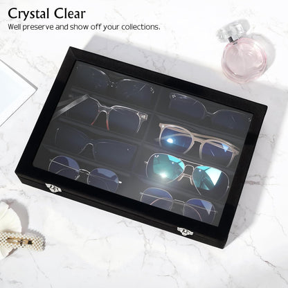 Emibele Glasses Organizer Jewelry Tray, 8 Grids with Clear Lid Velvet Tray Watch Storage Stackable Jewelry Showcase Display Storage with Detachable Inner Dividers, Beige