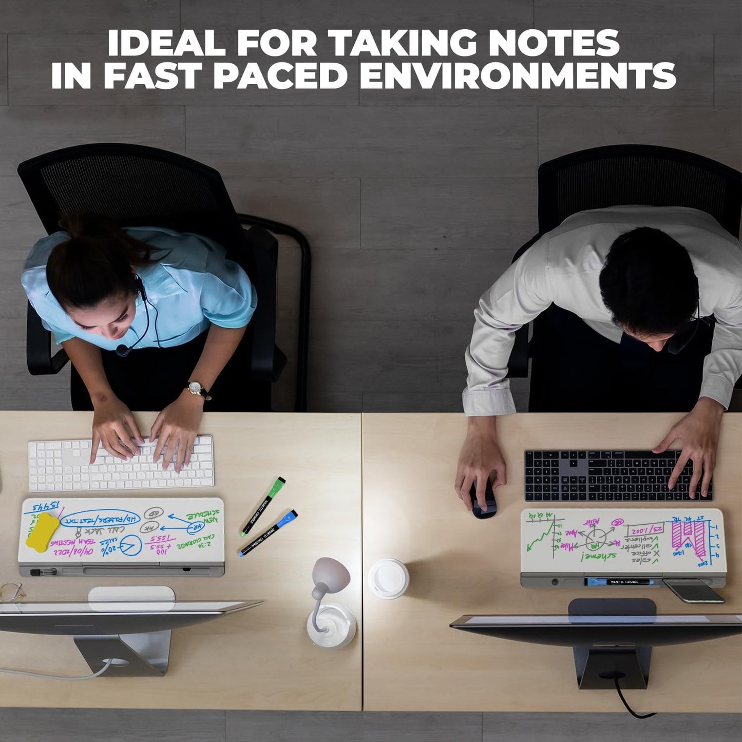 Desktop Whiteboard - Glass Dry Erase White Board - Desk Computer Buddy – Home Office & Studying Essentials - with Phone & Tablet Slot, Storage Compartment - Includes 4 Markers, 1 Eraser (2 Pack)