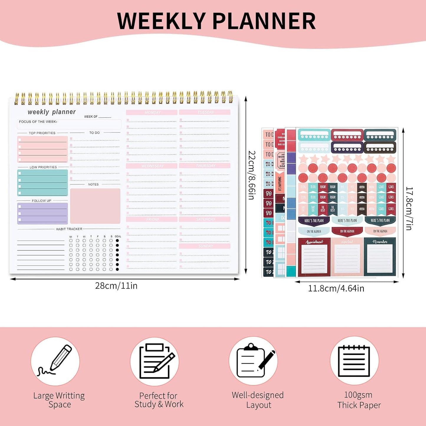 Weekly To Do List Notepad, 8.5''x11'' Weekly Desk Planner with 52 Tear Off Sheets Undated Weekly Planner Habit Tracker & Productivity Organizer for Home and Work, Pink