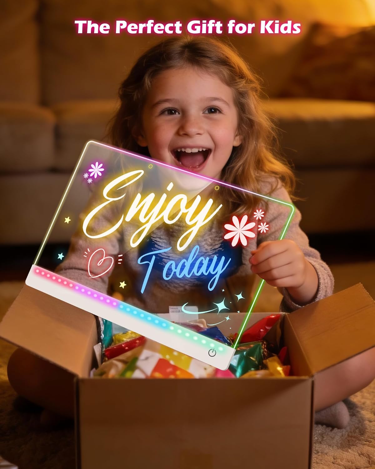 Rechargeable LED Drawing Board for Kids, 17-Inch Glow Doodle Drawing Pad with 7 Colors & 4 Light Modes, Neon Light Up Acrylic Dry Erase Note Board with Stand, Hanging Chain, 12 Markers, 2 Pack
