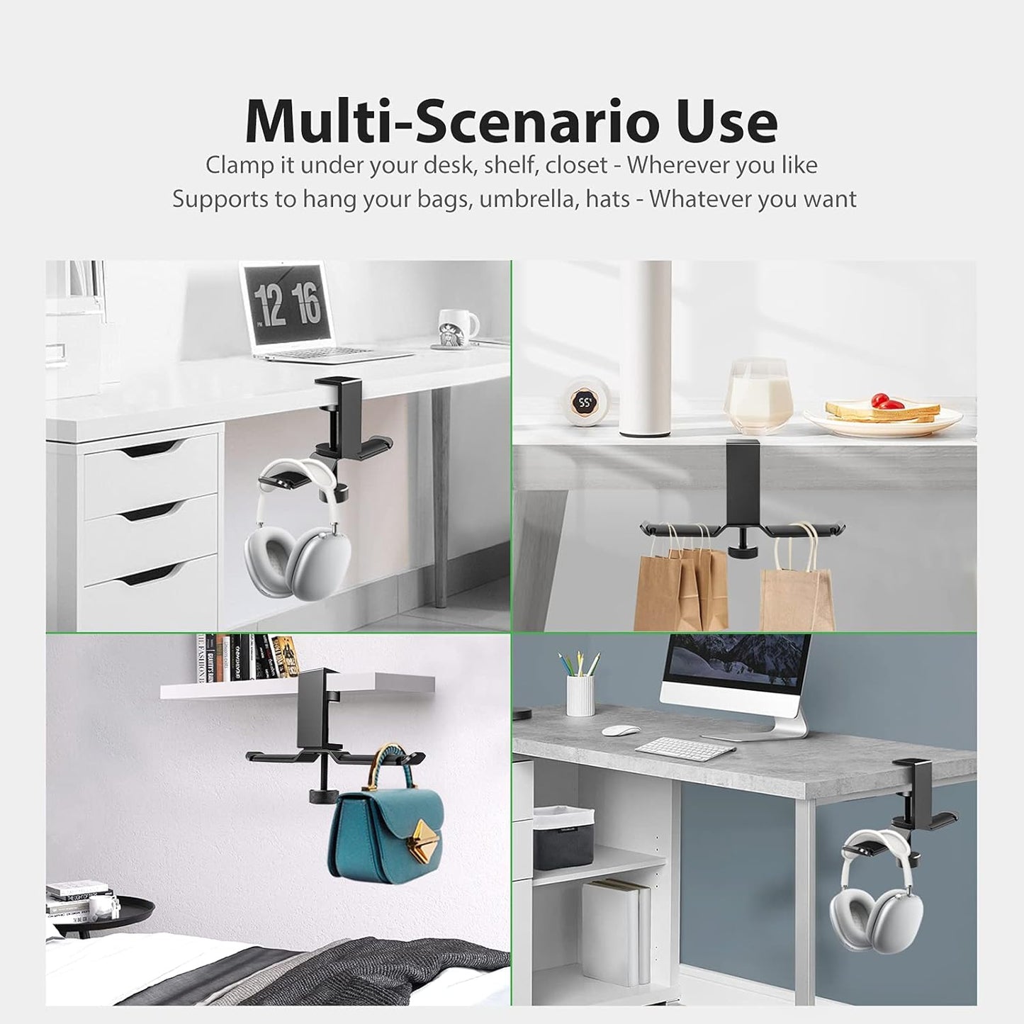 Dual Headphone Stand Hanger Under Desk, 360 Degree Rotating Aluminum Gaming Headset Holder with Adjustable Clamp, Universal Metal Earphone Hook Mount for All Headsets, Black