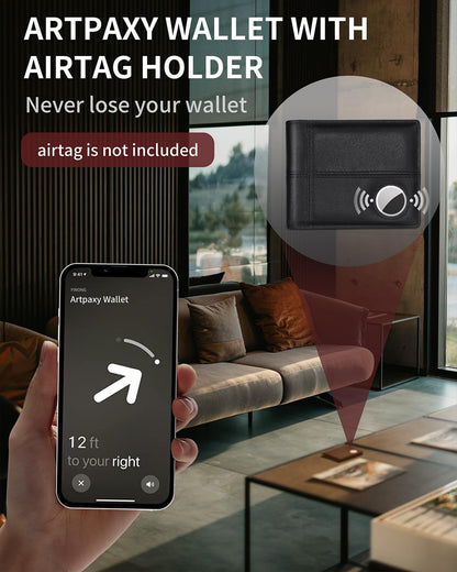Mens Wallet With AirTag Holder, Bifold Leather RFID Blocking 1-2 ID Windows 12-13 Card Holders, Gift Box and Screen Protector Included, AirTag Not Included