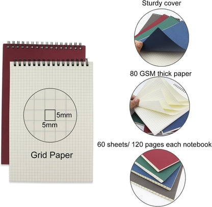 4 Pack Graph Paper Notebook, A5 Top Wirebound Grid Spiral Notebook 5.8" x 8.3",60 Sheets,5mm x 5mm Grid Paper,Grid Notepad for Students, Math, Engineering (4 Colors)