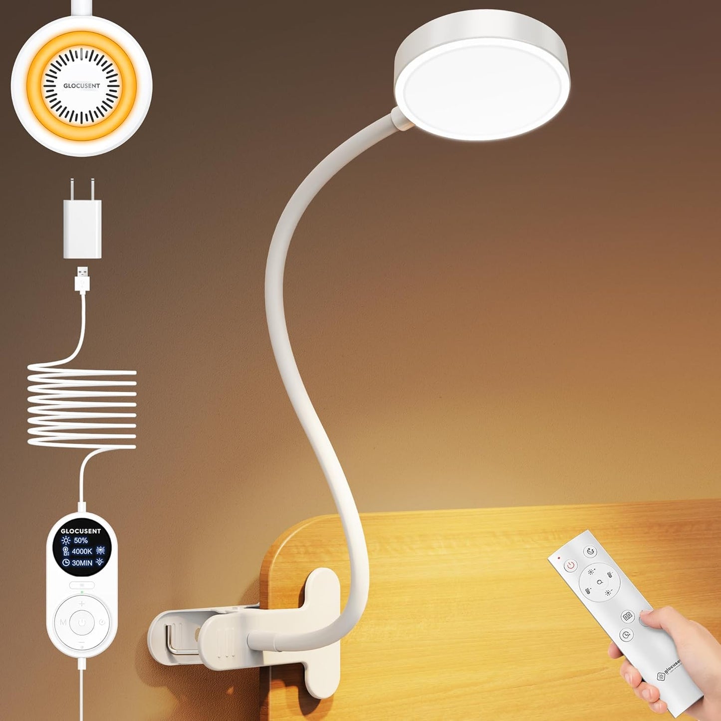 Glocusent 72 LED Clip on Lamp with Remote, Reading Light with Amber Ring, 3 Colors & 5 Dimmable Bed Lamp, 30/60-Min Auto Off Timer, Clamp Light for Headboard/Dorm/Bunk (Black)