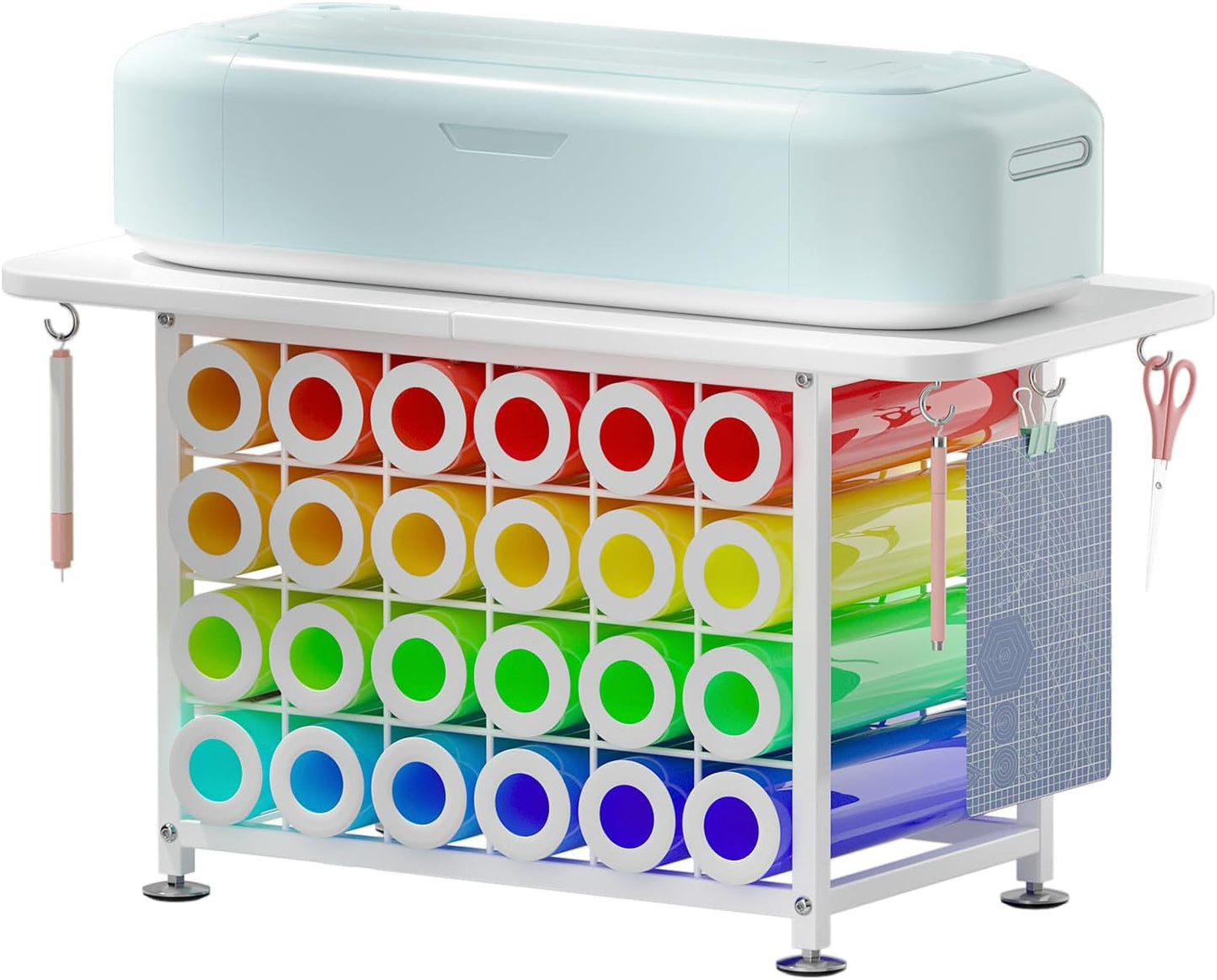 Small Craft Organizers and Storage Compatible with Cricut Machines Craft Table Storage with 24 Vinyl Roll Holders, Crafting Cabinet Workstation Tool Holder for Craft Room Home Office