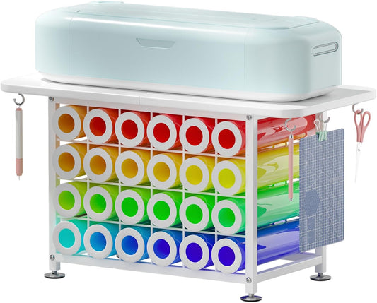 Small Craft Organizers and Storage Compatible with Cricut Machines Craft Table Storage with 24 Vinyl Roll Holders, Crafting Cabinet Workstation Tool Holder for Craft Room Home Office