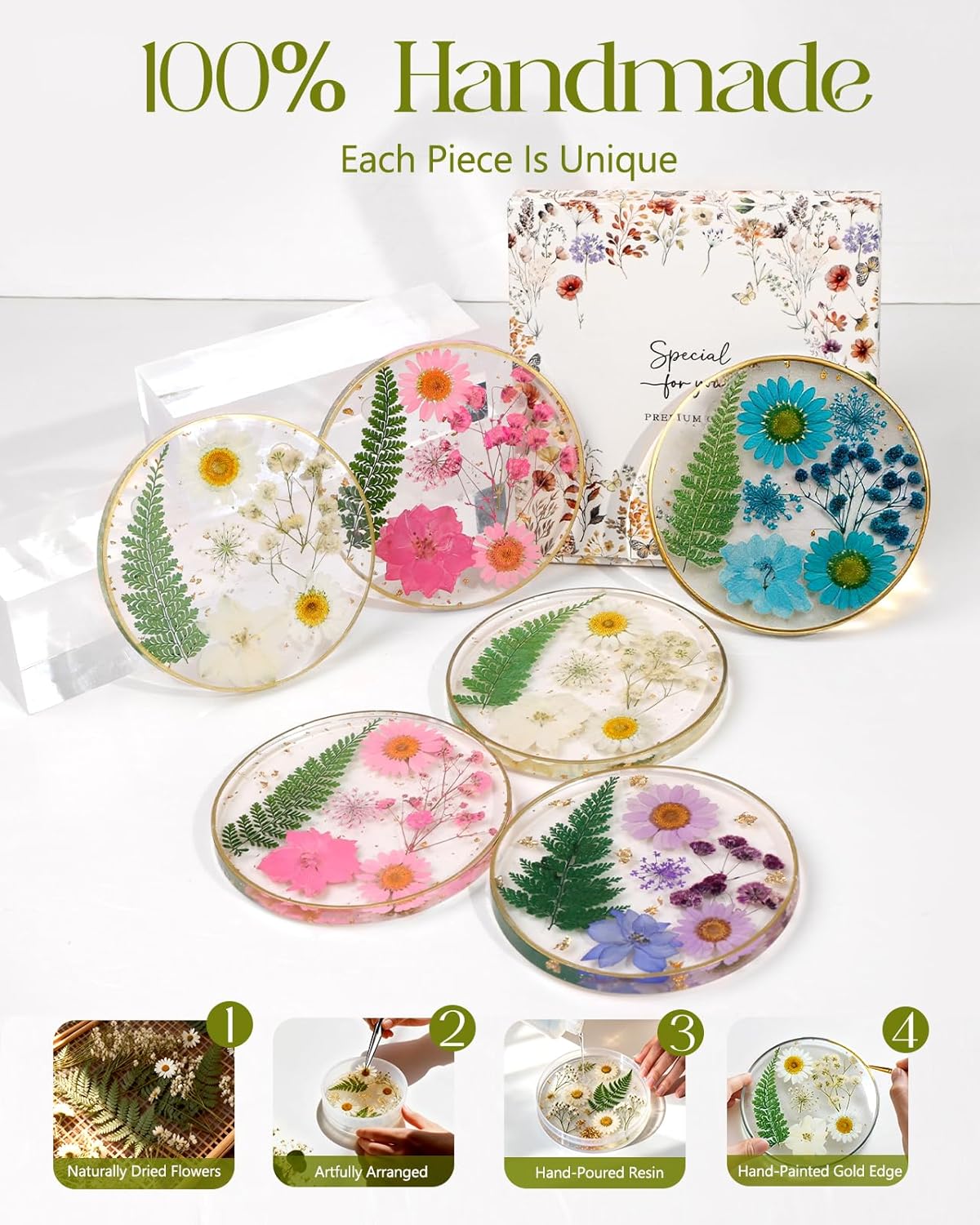 Oqplog Resin Drink Coaster for Desk Coffee Table-White Cute Dried Flowers Cup Coaster for Work Office Home Outdoor Decor Gifts for Girls Women,1 Pcs