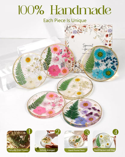 Oqplog Resin Drink Coaster for Desk Coffee Table-White Cute Dried Flowers Cup Coaster for Work Office Home Outdoor Decor Gifts for Girls Women,1 Pcs